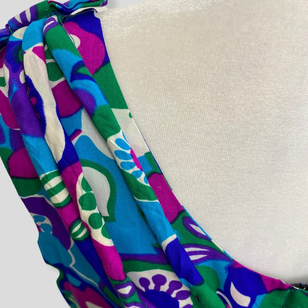 Vintage Blue Purple Green White Hawaiian Floral Print Dress with Bow Detail - Picture 5 of 8